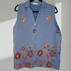 Ana & Rose Sleeveless Embroidered Button-Front Top – Blue Floral (Women’s XL)